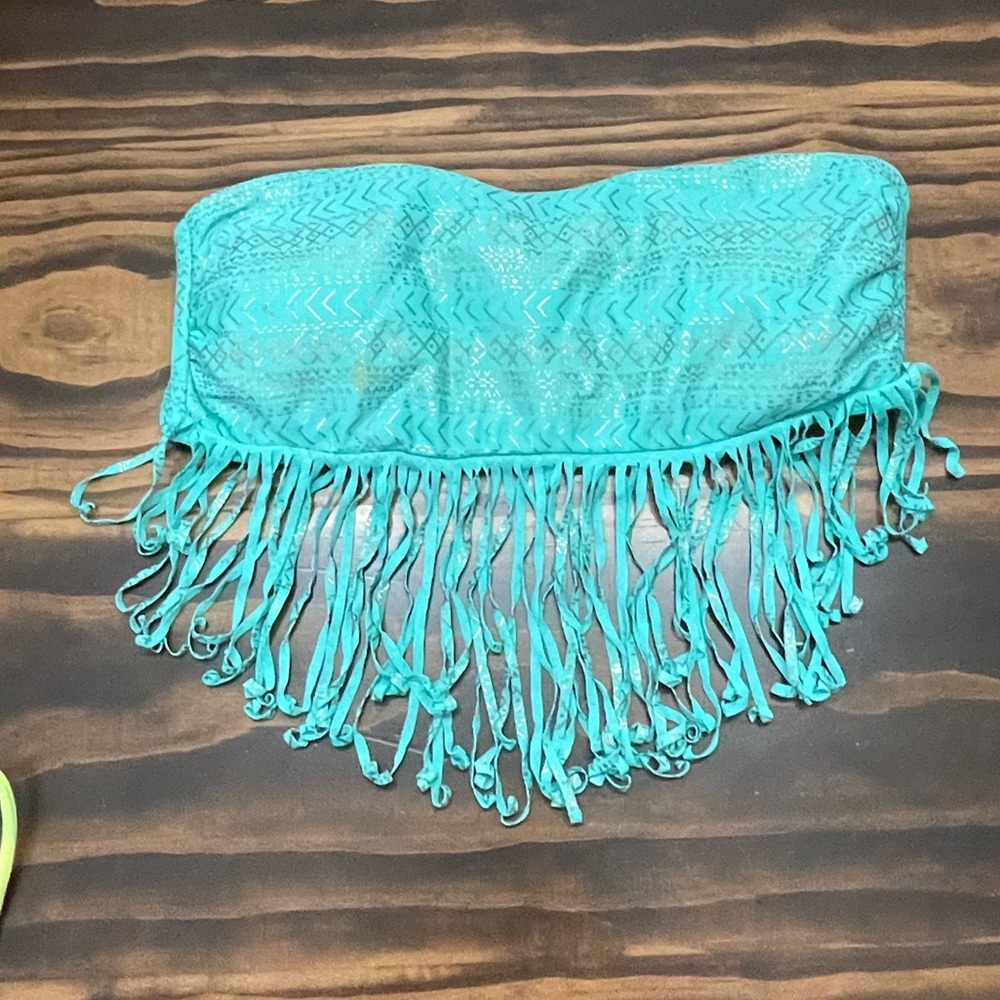 Xhilaration strapless bikini top teal with gold pattern.  Size L.